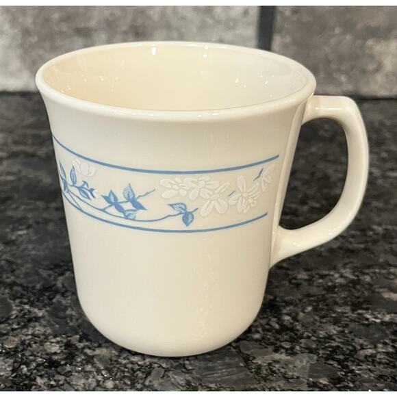 4 Corning Ware Corelle First of Spring Tea Coffee Cup Mug Beige w/White & Blue - Picture 3 of 14